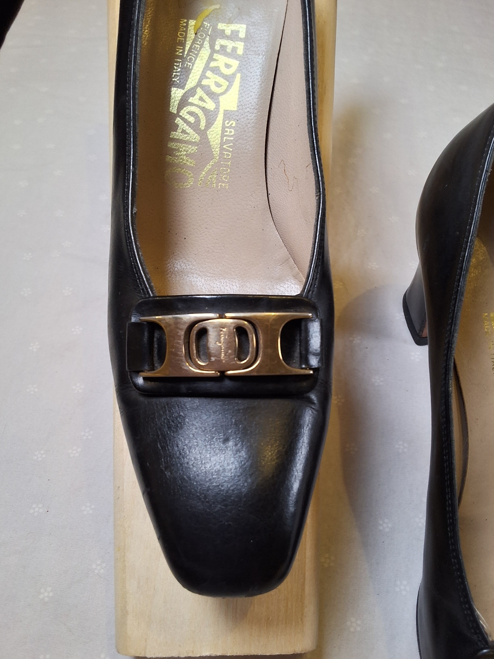 Salvatore Ferragamo Black Leather Block Heel Pumps with Gold Gancini - Picture 2 of 4